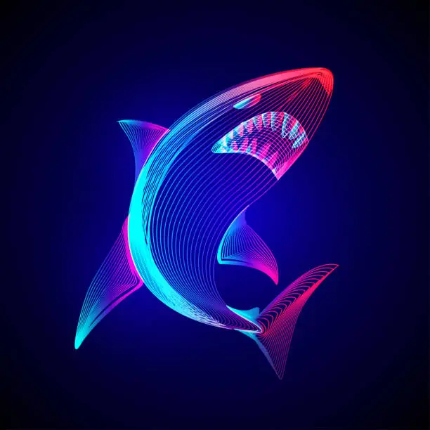 Vector illustration of Angry dangerous shark. Outline vector illustration of underwater wildlife sea fish animal in 3d line art style on neon abstract background