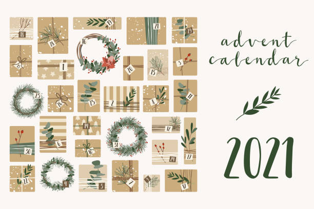 Advent calendar. Christmas presents in kraft paper and wreaths with numbers 1 to 31, 31 days. Rustic gift box. Eco decoration. New 2021 Year and Xmas celebration preparation. Vector flat cartoon style Advent calendar. Christmas presents in kraft paper and wreaths with numbers 1 to 31, 31 days. Rustic gift box. Eco decoration. New 2021 Year and Xmas celebration preparation. Vector flat cartoon style, isolated illustration nature calendar stock illustrations