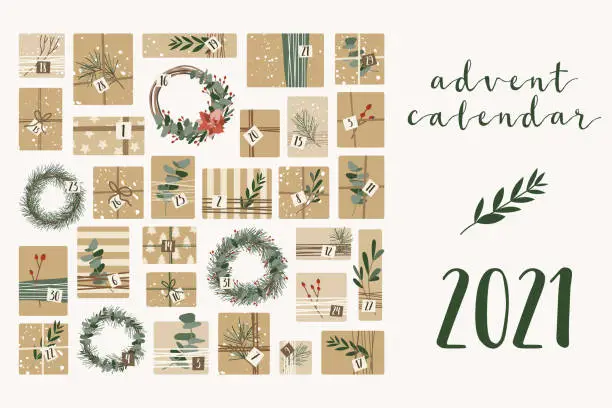 Vector illustration of Advent calendar. Christmas presents in kraft paper and wreaths with numbers 1 to 31, 31 days. Rustic gift box. Eco decoration. New 2021 Year and Xmas celebration preparation. Vector flat cartoon style