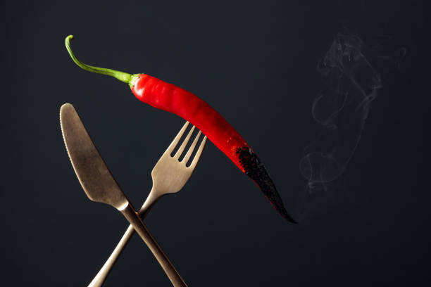 Hot chili red pepper smoking on a fork. Spice concept. Copy space.