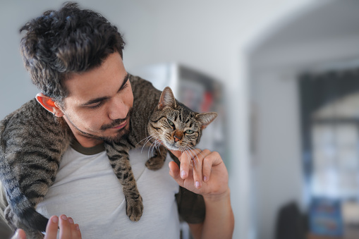 young man interacts with pets