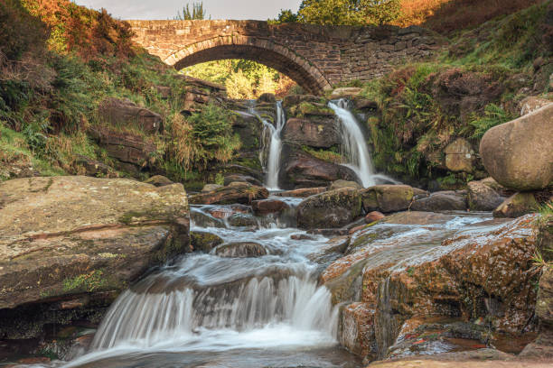 tre teste di contea. una cascata autunnale e un ponte di cavallo in pietra a three shires head nel peak district. - cheshire foto e immagini stock