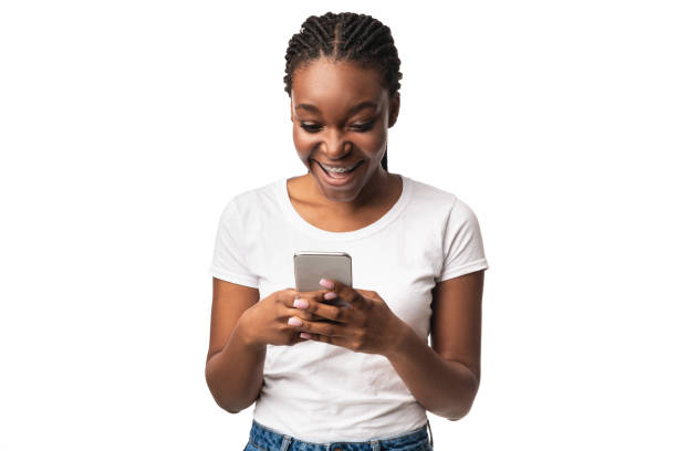 istock Excited Black Woman With Smartphone Using Application Over White Background 1281623780