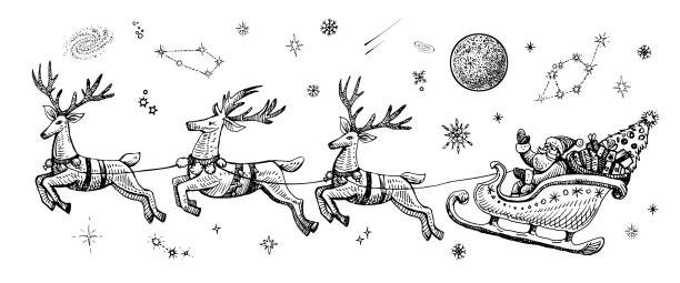 Vector Santa Claus on a sleigh with reindeers sketch vintage illustration. Holiday concept with flying Santa, what waving hand, in the night sky with stars, moon and Christmas tree.