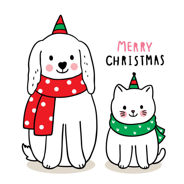 Hand Draw Cartoon Cute Merry Christmas Dog And Cat Vector Stock  Illustration - Download Image Now - iStock