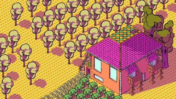 Vector illustration of Hand-drawn cute vector illustration in isometric view - Rural house near the garden.