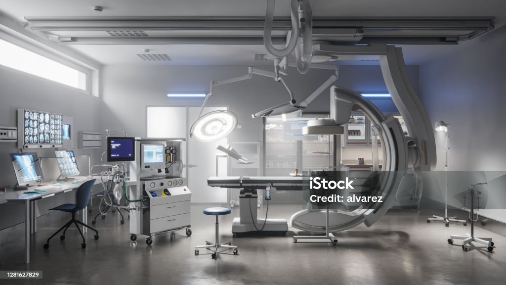 Modern operating room in a hospital generated digitally Digital image of the interior of a surgery room in a hospital without any people Medical Equipment Stock Photo