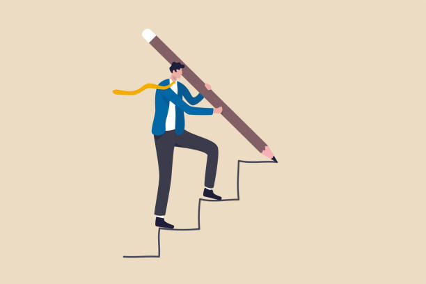 Business development successful, strategy to reach business target or career path achievement concept, smart businessman use huge pencil to draw rising up staircase and walk climbing up ladder. Business development successful, strategy to reach business target or career path achievement concept, smart businessman use huge pencil to draw rising up staircase and walk climbing up ladder. climbing stairs drawing stock illustrations