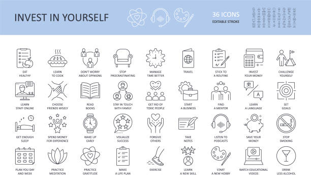 ilustrações de stock, clip art, desenhos animados e ícones de invest in yourself vector icons. editable stroke. eat healthy cook don't worry stop procrastinating manage time travel challenge experience get enough sleep wake up early success forgive notes podcast - practicing