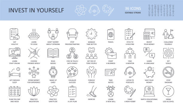 Invest in yourself vector icons. Editable stroke. Eat healthy cook don't worry stop procrastinating manage time travel challenge experience get enough sleep Wake up early success forgive notes podcast Invest in yourself vector icons. Editable stroke. Eat healthy cook don't worry stop procrastinating manage time travel challenge experience get enough sleep Wake up early success forgive notes podcast practicing stock illustrations
