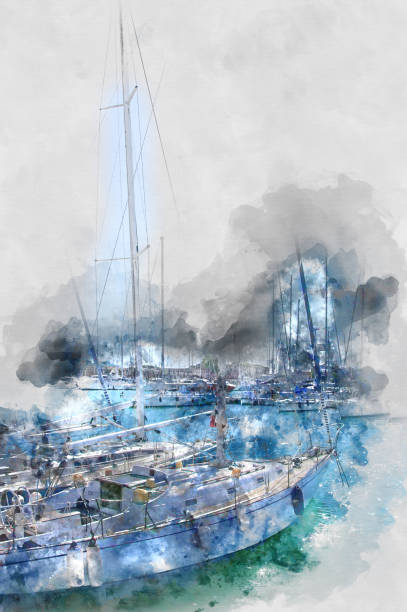 istock Watercolour of a yacht in an Italian harbour 1281628175