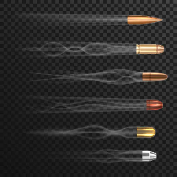 Vector illustration of Realistic flying bullets with smoke trail
