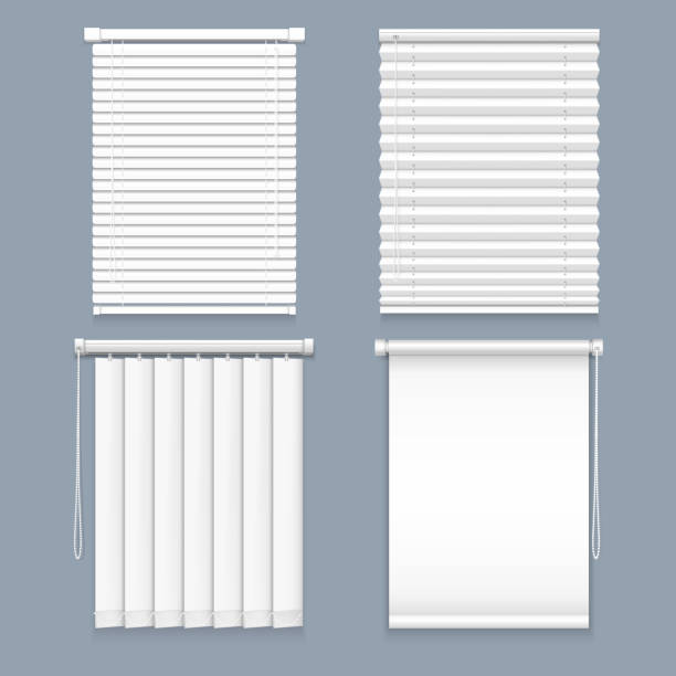 Blind window curtain or set of isolated louver Blind window curtain or set of isolated louver, horizontal jalousie and vertical closed realistic blind curtains, roller. Interior background mockup for office, decoration for house or room, apartment aluminum sign mockup stock illustrations