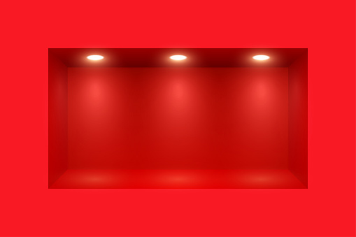 Wall with realistic light and place for exhibition product. Spotlight and red lightbox with perspective. Studio scene or showroom light box. Empty platform or podium. Illumination backdrop