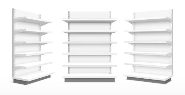 3d 사실적인 슈퍼마켓 제품 디스플레이 선반 - shelf stock illustrations