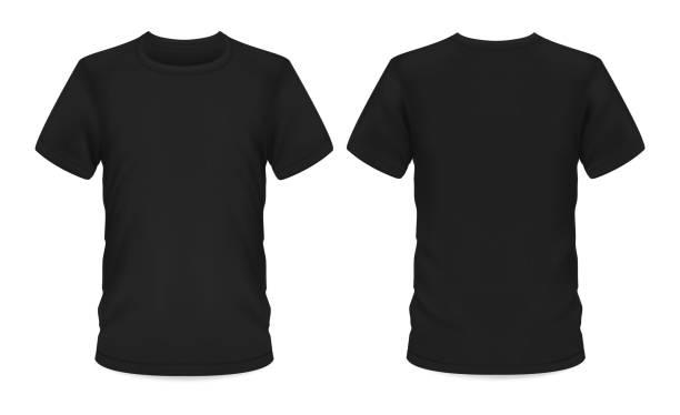 Mockup template, men black t-shirt short sleeve Men t-shirt, vector black mockup template with short sleeve and round neck. T-shirt mockup, menswear casual apparel clothing and sportswear, front and back view model object illustrations stock illustrations