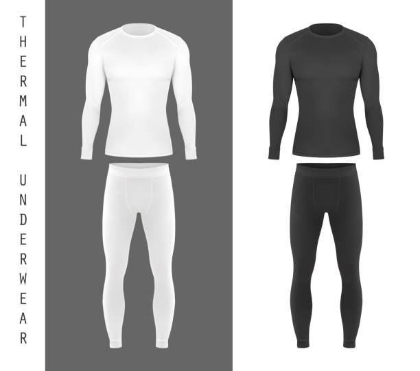 Thermal underwear top shirt and pants mockup Men thermal underwear, baselayer long sleeve top shirt and pants, vector mockup templates. Black and white thermal underwear set, winter and ski clothing, sportswear apparel front view see through leggings stock illustrations
