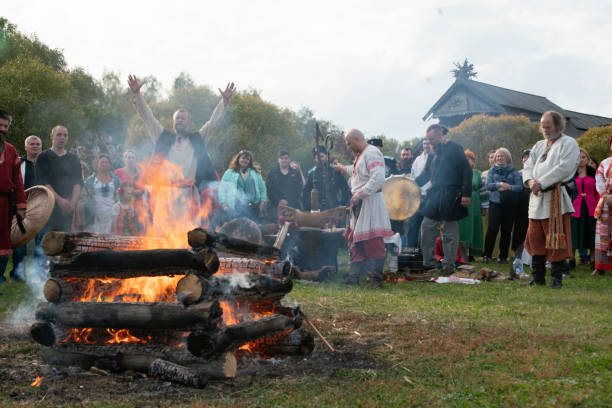 Slavic holiday - Autumn Equinox Day Report from the celebration of the pagan Slavic holiday - the Day of the Autumnal Equinox.
The scene is the Moscow region, the vicinity of the city of Podolsk. Shooting time - September 2020 cham mask stock pictures, royalty-free photos & images