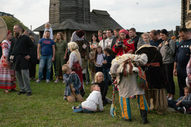 Slavic holiday - Autumn Equinox Day Report from the celebration of the pagan Slavic holiday - the Day of the Autumnal Equinox.
The scene is the Moscow region, the vicinity of the city of Podolsk. Shooting time - September 2020 cham mask stock pictures, royalty-free photos & images