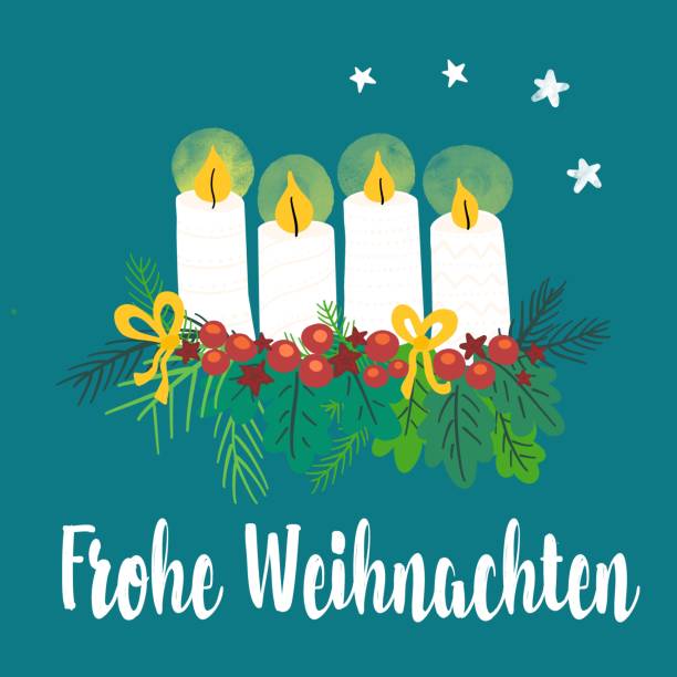 frohe weihnachten runde adventskranz mit bögen und beeren und kiefernzweige. deutsche feiertagstradition - adventskranz stock-grafiken, -clipart, -cartoons und -symbole
