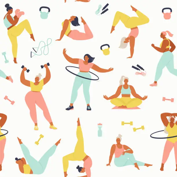 Vector illustration of Women different sizes, ages and races activities. Pattern of women doing sports, yoga, jogging, jumping, stretching, fitness. Seamless pattern in vector.