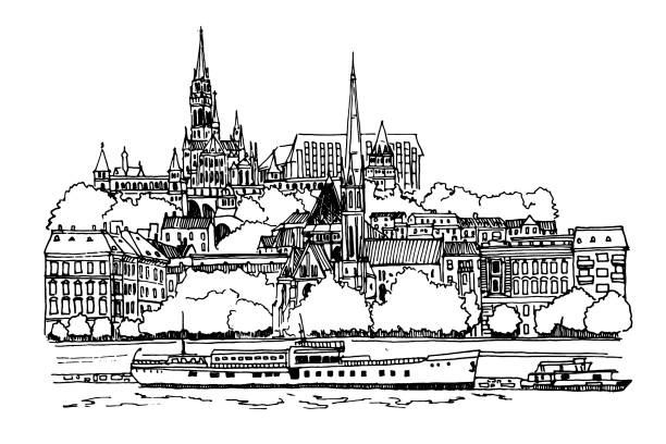 illustrations, cliparts, dessins animés et icônes de croquis vectoriel du paysage urbain de budapest avec le château de buda et le danube - danube river illustrations