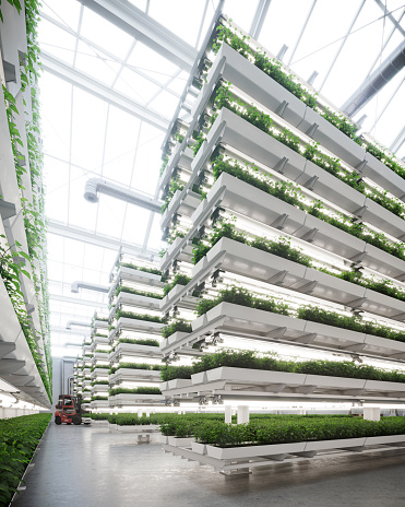 Digital image of a large vertical farm contained inside a greenhouse