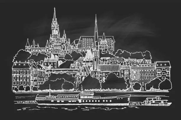 Vector illustration of vector sketch of Budapest cityscape with Buda castle and Danube river