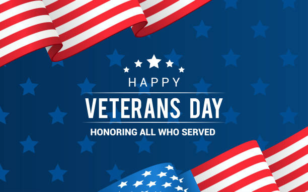 illustrazioni stock, clip art, cartoni animati e icone di tendenza di illustrazione di veterans day vector, onorare tutti coloro che hanno servito. bandiera degli stati uniti sventolando su sfondo motivo stella blu - us veterans day