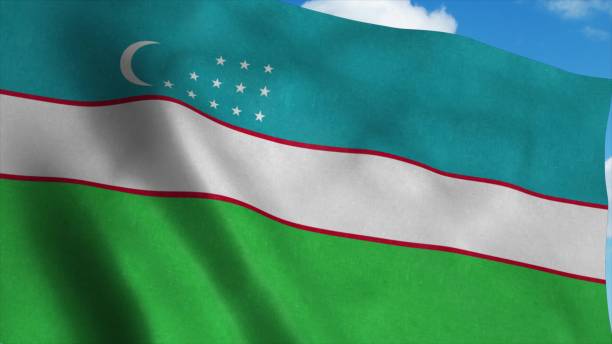 istock Uzbekistan flag waving in the wind, blue sky background. 3d rendering 1281636197