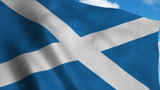istock Scotland flag waving in the wind, blue sky background. 3d rendering 1281636495