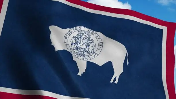 Photo of Wyoming flag waving in the wind, blue sky background. 3d rendering