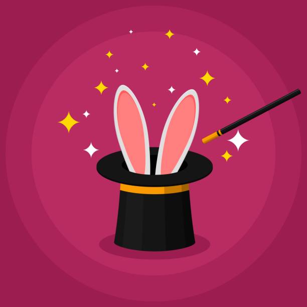 Magic top hat with rabbit ears and a wand, magician shows a trick. Entertainment party or beautiful circus show concept. Vector illustration Magic top hat with rabbit ears and a wand, magician shows a trick. Entertainment party or beautiful circus show concept. Vector illustration. sorcerer hat stock illustrations