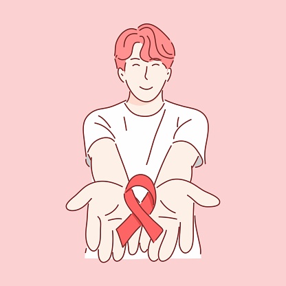 Man holding red ribbon. HIV awareness in world aids day and world sexual health day concept .
