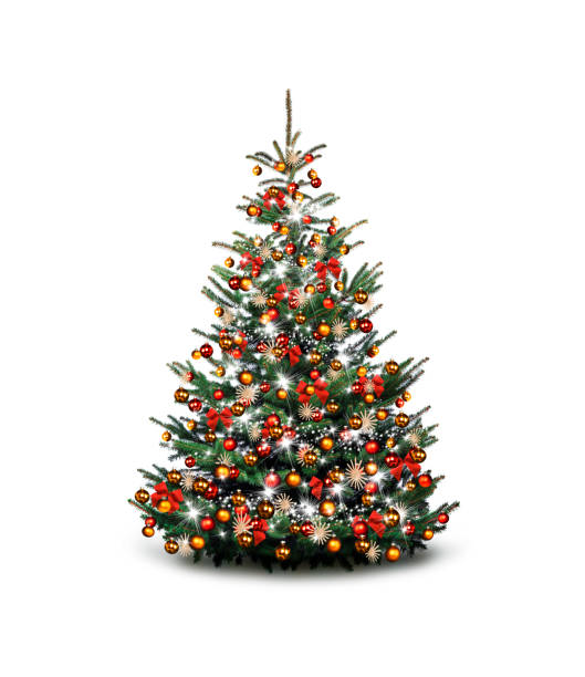 istock Colorfully decorated Christmas tree against a white background 1281640444