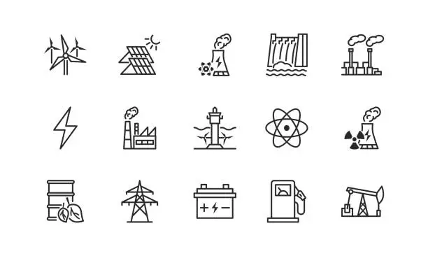 Vector illustration of Power plant flat line icons set. Energy generation station. Vector illustration alternative renewable energy sources included solar, wind, hydro, tidal, geothermal and biomass energy. Editable strokes