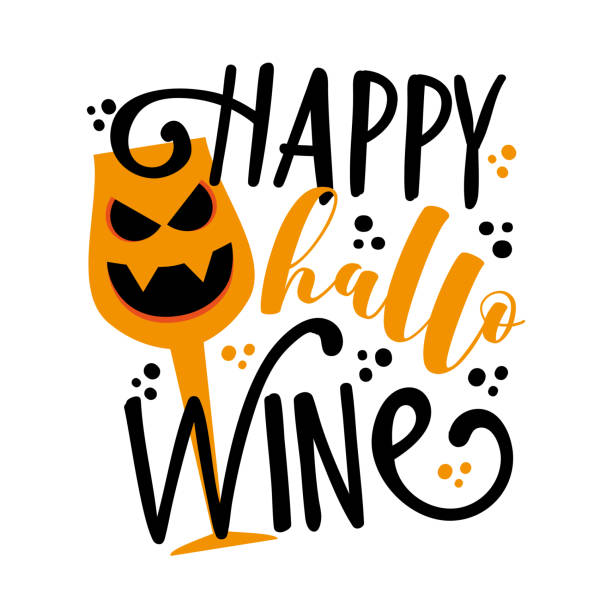 ハッピーハロワイン - ハロウィーンのための怖いワイングラスと面白いフレーズ。 - glass autumn halloween food点のイラスト素材／クリップアート素材／マンガ素材／アイコン素材