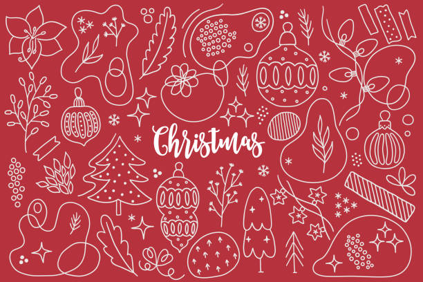 illustrazioni stock, clip art, cartoni animati e icone di tendenza di elementi di design del contorno natalizio - ghirlande, bacche, palle, stelle, nastri, fiocchi di neve - 5442