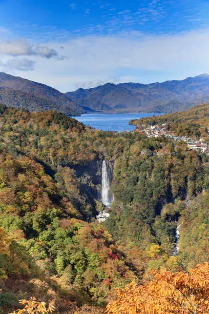 Photo of Autumnal kegon waterfall and cyuzenji lake seen from Akechidaira