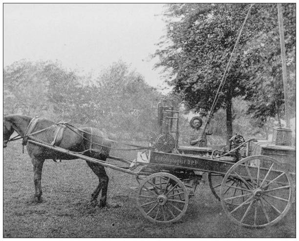 istock Antique black and white photograph: Steam spraying machine agricultural machinery 1281642454