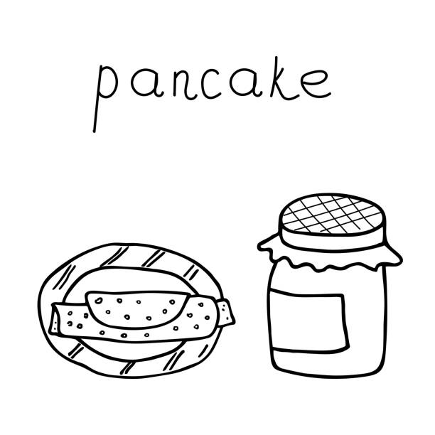 ilustrações de stock, clip art, desenhos animados e ícones de pancake on a plate and jam jar. sweet sketch vector illustration - sandwich sketch cartoon line art