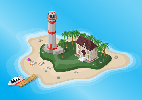 Vector isometric of tourist island with palm trees, lighthouse, and house with yacht on the sea.