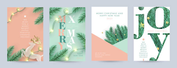 Merry Christmas and Happy New Year Set of backgrounds, greeting cards, posters, holiday covers. Merry Christmas and Happy New Year Set of backgrounds, greeting cards, posters, holiday covers. Xmas Design with realistic fir tree branches, deer and garlands lights in modern 3d realistic style new years eve party stock illustrations