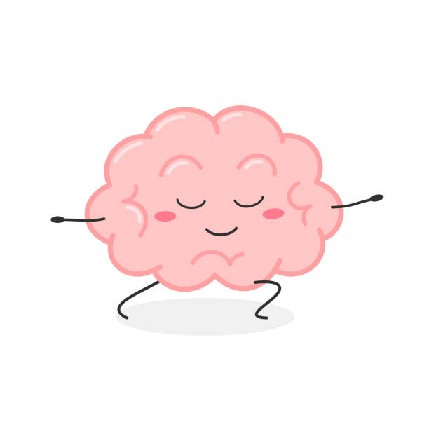 Funny cartoon brain practicing yoga warrior position Funny cartoon brain doing yoga in warrior pose. Vector flat illustration isolated on white background flat thinking emoji stock illustrations