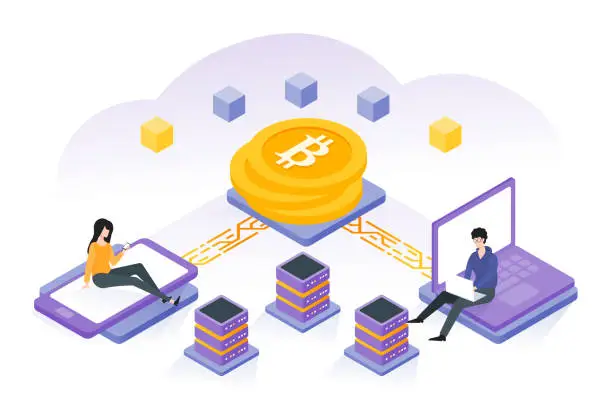 Vector illustration of Bitcoin, cryptocurrency and blockchain technology in modern flat isometric with people working on laptop and smartphone illustration