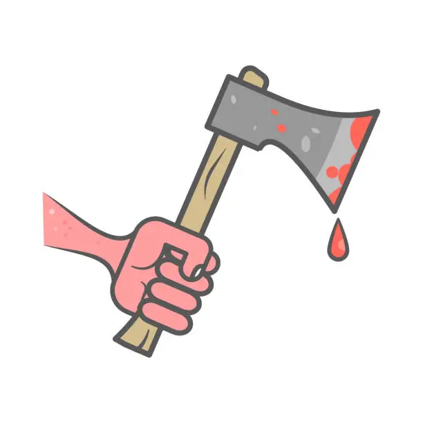 Vector illustration of A hand holds a bloody axe. Flat style illustration.