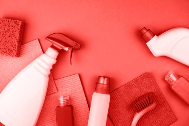 istock House cleaning products are on red background. 1281648158