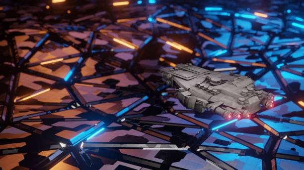 istock Spaceship flying to space station sci-fi background 1281652468