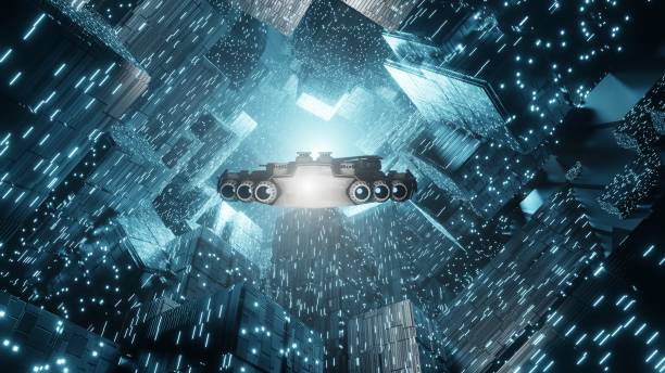 istock Spaceship flying to space station sci-fi background 1281652474