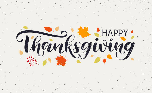 Happy Thanksgiving Day typography vector design Happy Thanksgiving Day typography vector design for greeting cards and poster on textured autumn leaves background. Happy Thanksgiving lettering, logo, inscription, label thanksgiving holiday card stock illustrations